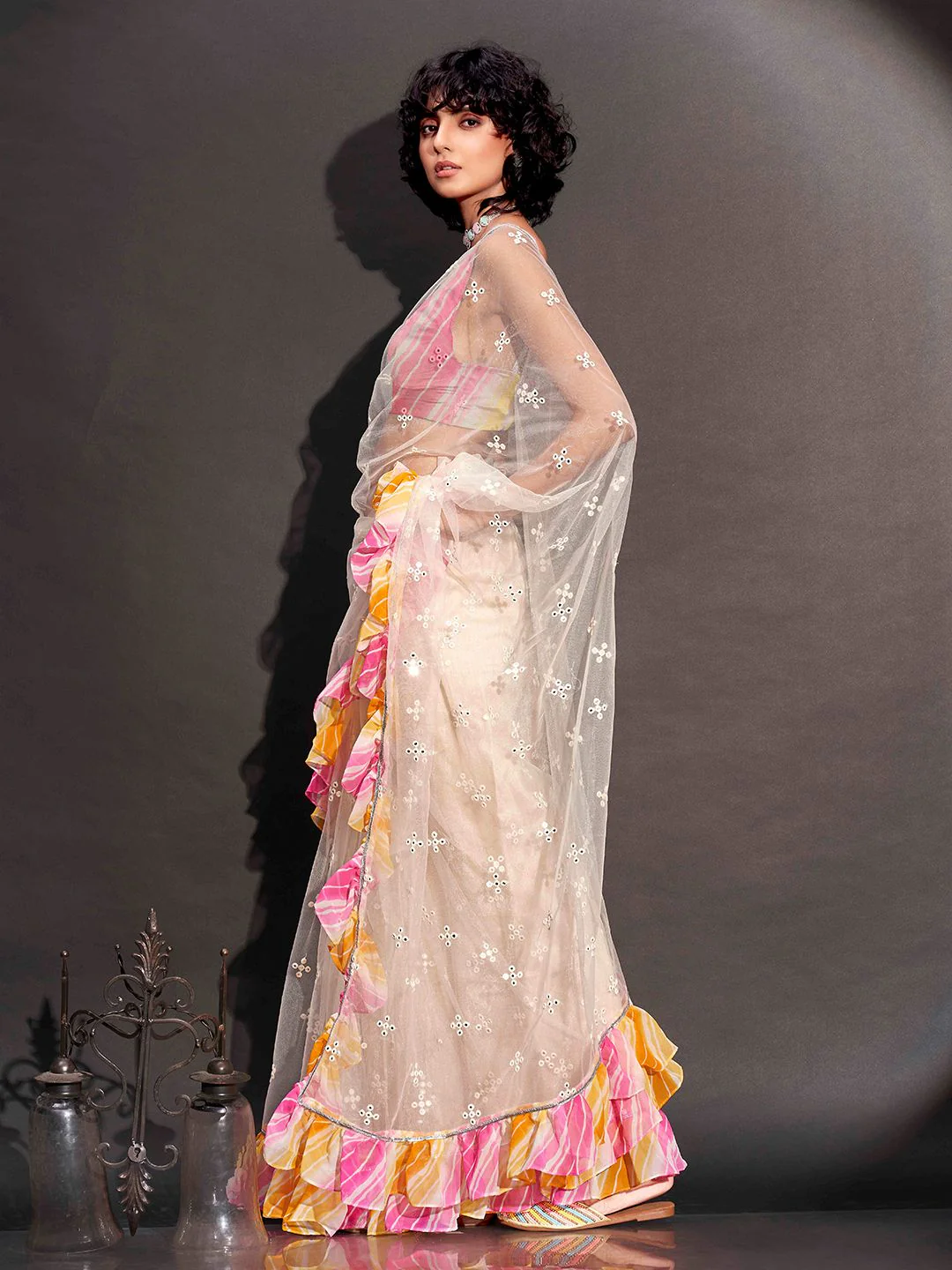 Tikhi Imli Mirror Work Net Saree - Image 2