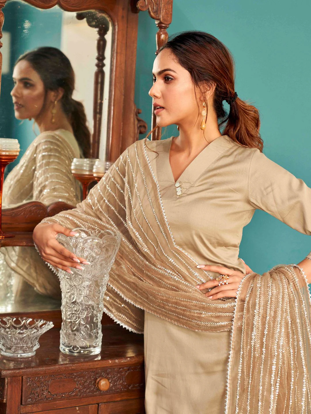 Tikhi Imli V-Neck Pure Cotton Straight Kurta & Trousers With Dupatta - Image 2