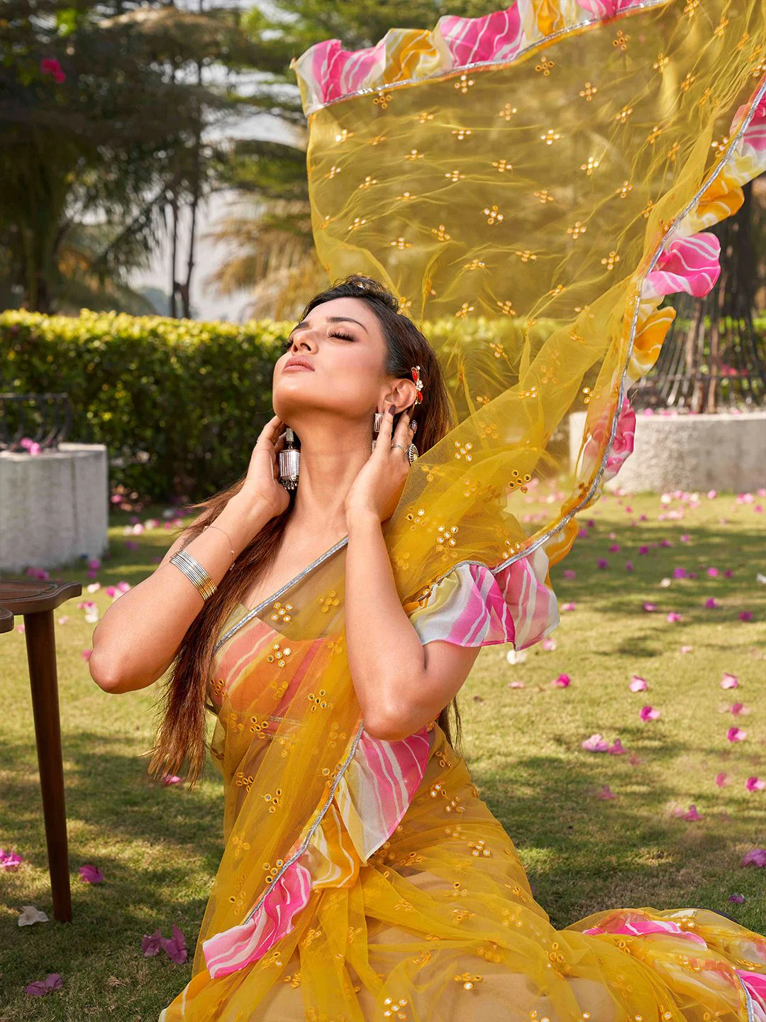 Tikhi Imli Yellow Embellished Mirror Work Net Ruffle Saree - Image 4