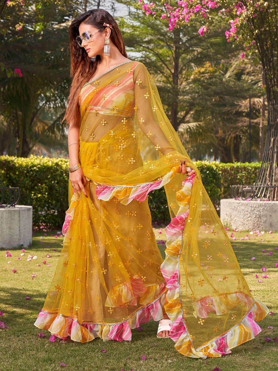Tikhi Imli Yellow Embellished Mirror Work Net Ruffle Saree - Image 5