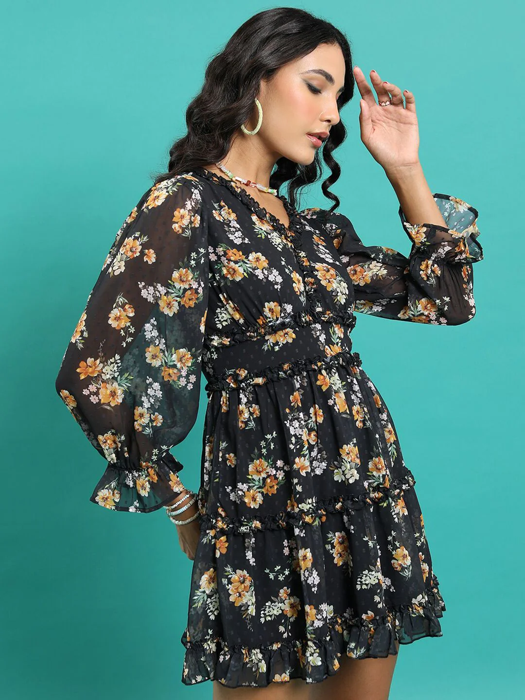Tokyo Talkies Black Floral Printed Ruffled Detailed V-Neck Puff Sleeve Fit & Flare Dress - Image 3