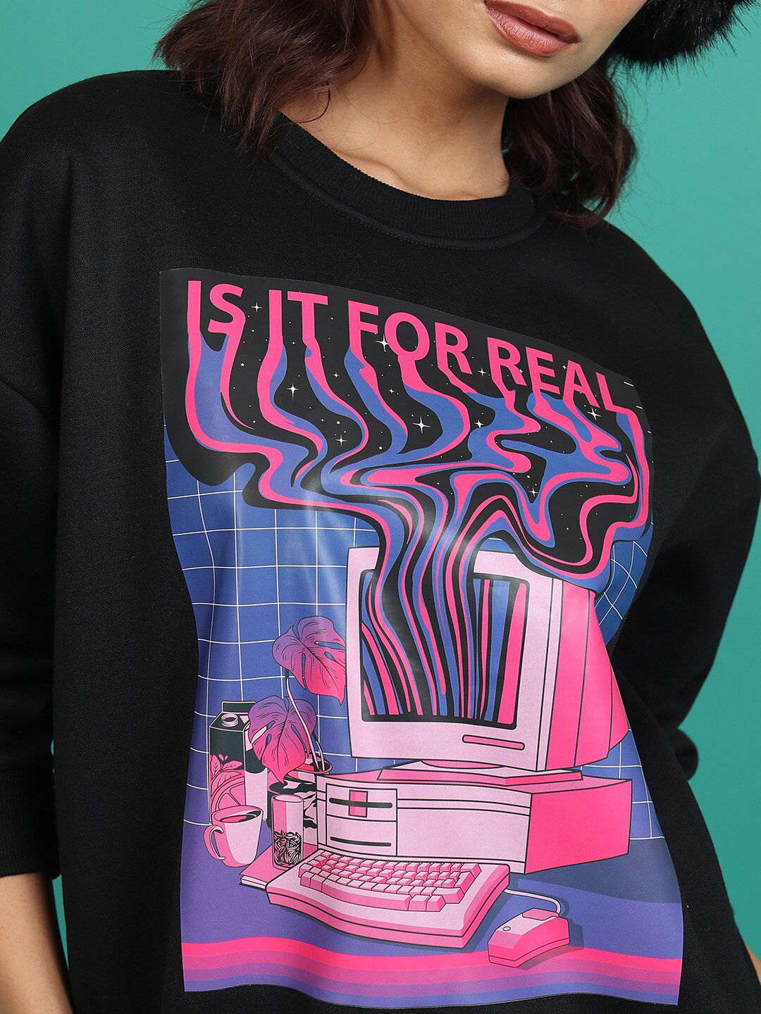 Tokyo Talkies Black Graphic Printed Oversized Pullover Sweatshirt - Image 2