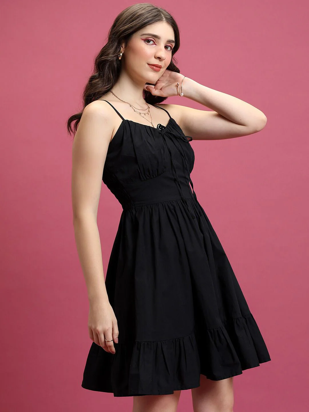 Tokyo Talkies Black Shoulder Straps Ruffles Cotton Fit & Flare Dress - Image 3