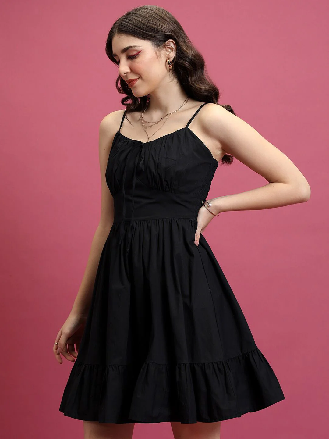 Tokyo Talkies Black Shoulder Straps Ruffles Cotton Fit & Flare Dress - Image 5