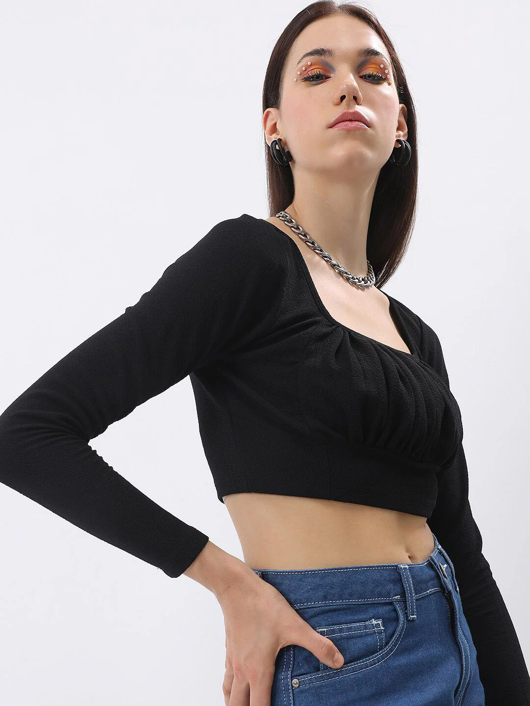 Tokyo Talkies Black Square Neck Ruched Blouson Crop Top - Image 3