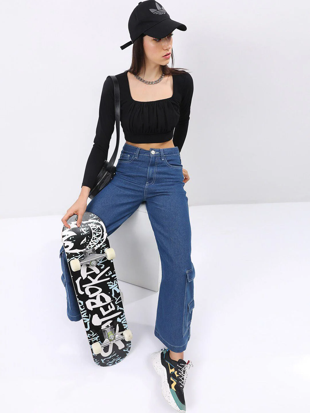 Tokyo Talkies Black Square Neck Ruched Blouson Crop Top - Image 4