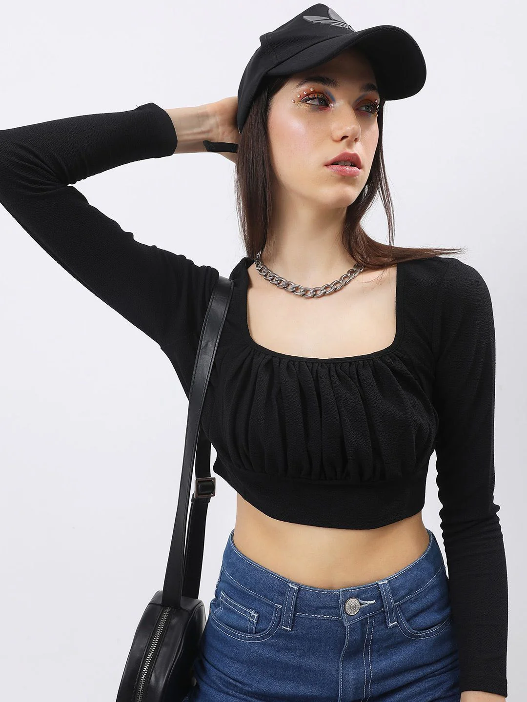 Tokyo Talkies Black Square Neck Ruched Blouson Crop Top - Image 6