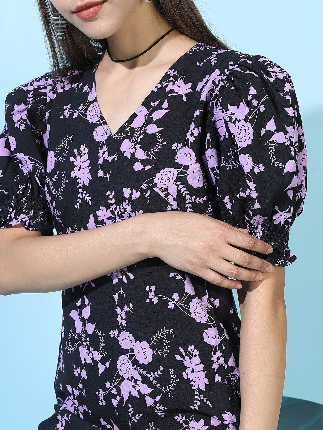 Tokyo Talkies Black & Violet Floral A-Line Midi Dress - Image 2