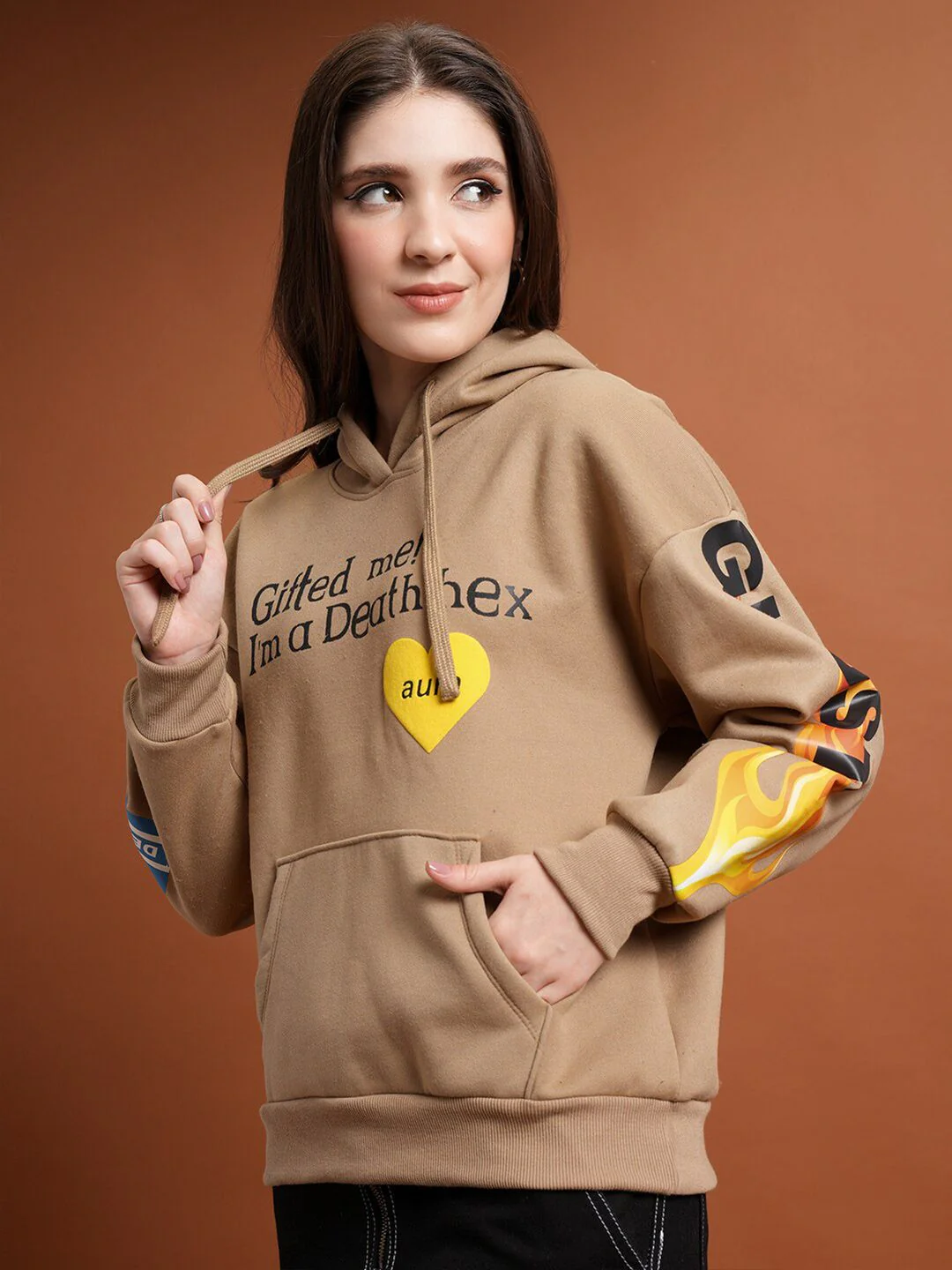 Tokyo Talkies Brown & Black Typography Printed Hooded Pullover Sweatshirt - Image 5