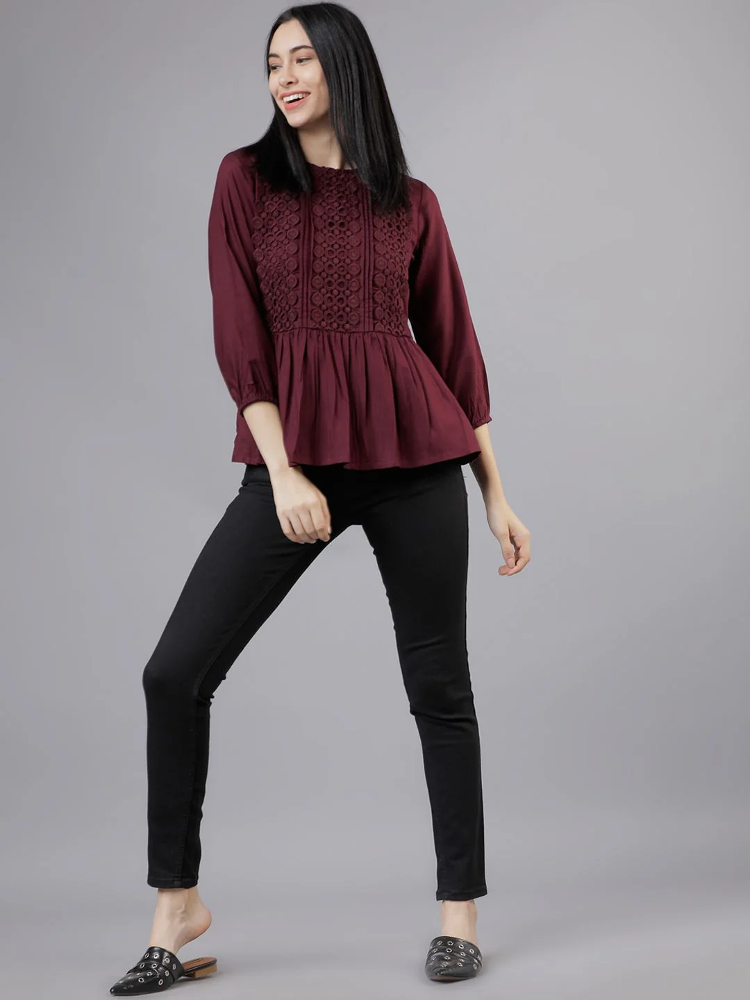 Tokyo Talkies Burgundy Lace Inserts Peplum Top - Image 4