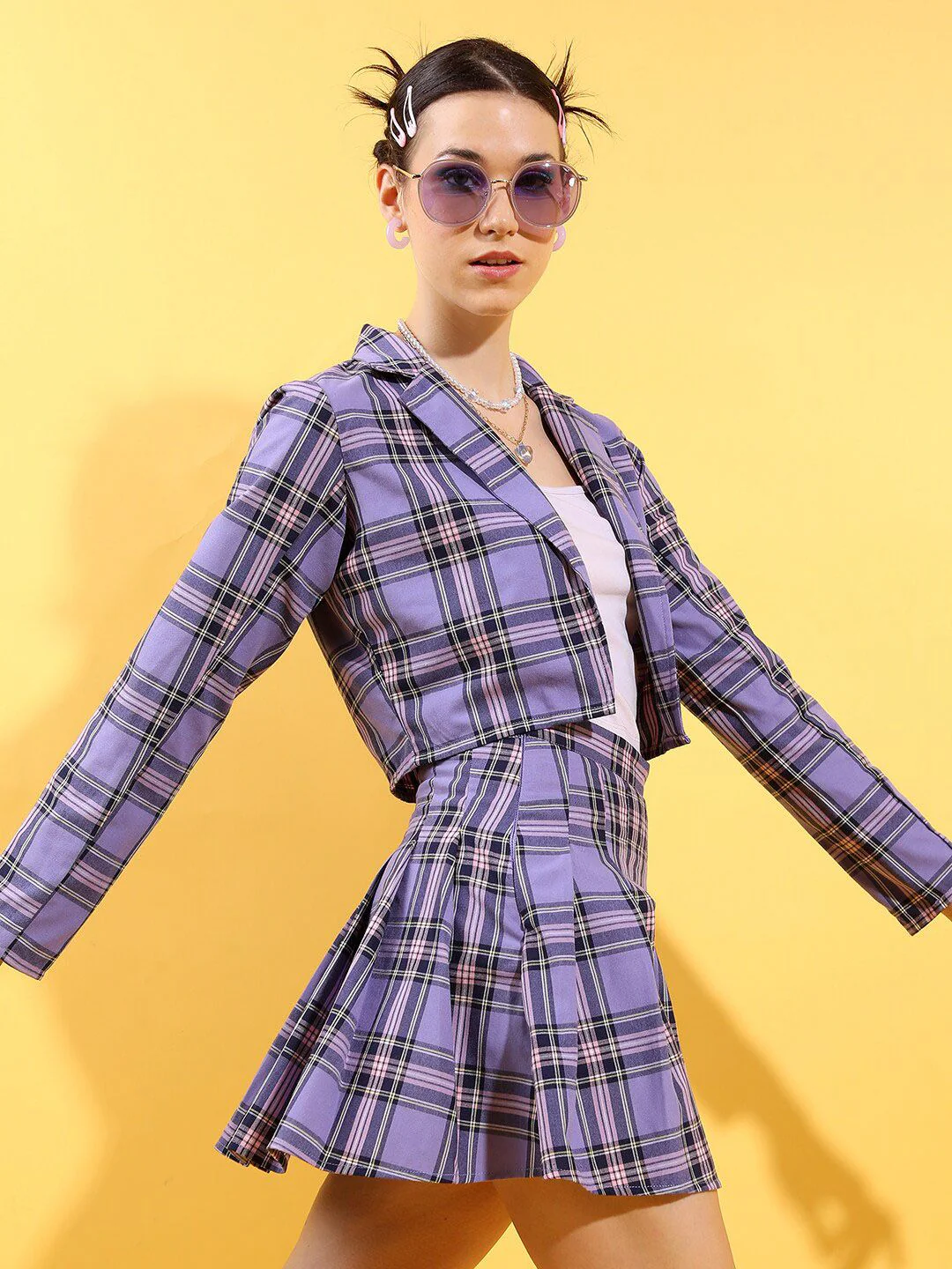 Tokyo Talkies Checked Blazer With Pleated Skirt - Image 3