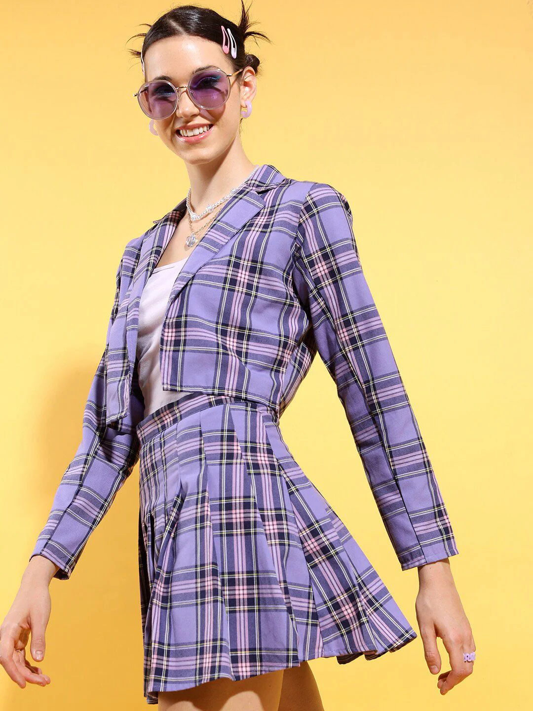 Tokyo Talkies Checked Blazer With Pleated Skirt - Image 5