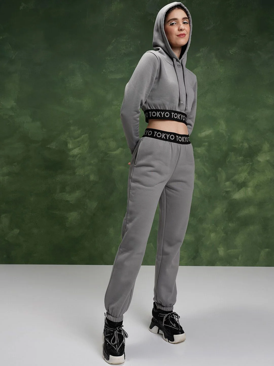 Tokyo Talkies Crop Hoodie Sweatshirt With High-Waisted Jogger Co-Ords - Image 3