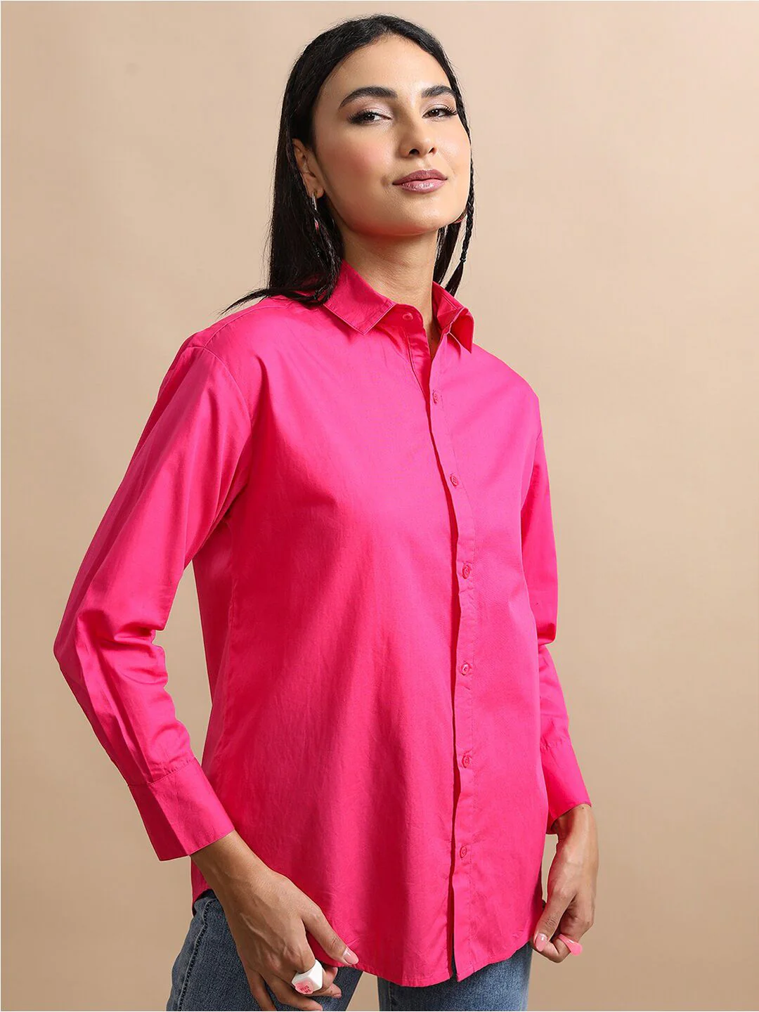 Tokyo Talkies Cutaway Collar Oversized Cotton Casual Shirt - Image 3