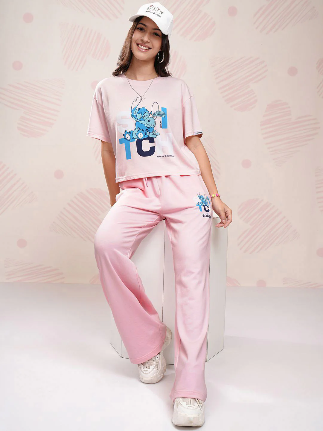 Tokyo Talkies Disney Women Stitch Printed Pure Cotton Boxy Fit T Shirt With Pant Co Ords - Image 6