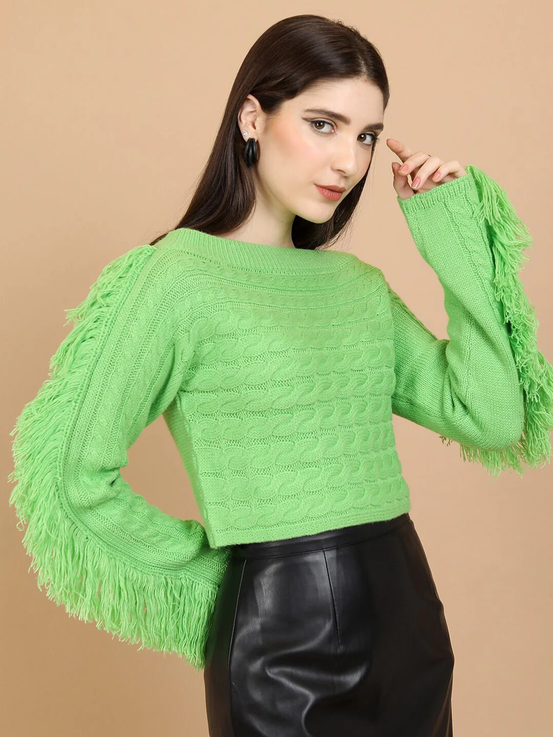 Tokyo Talkies Green Cable Knit Self Design Boat Neck Fringed Acrylic Crop Pullover Sweater - Image 3