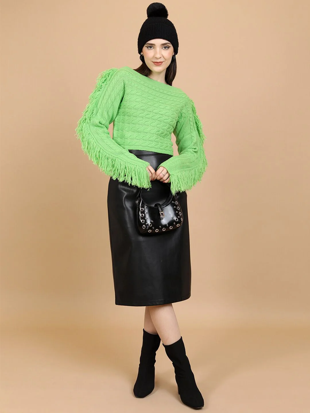 Tokyo Talkies Green Cable Knit Self Design Boat Neck Fringed Acrylic Crop Pullover Sweater - Image 4