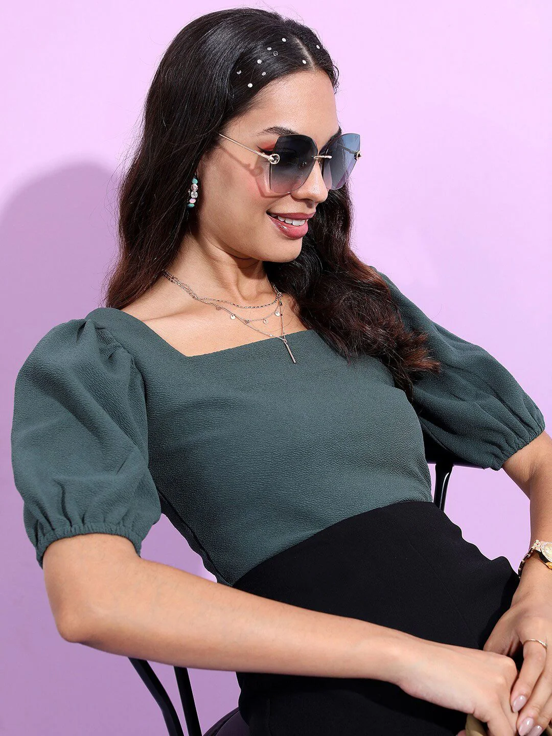 Tokyo Talkies Green Square Neck Puffed Sleeves Crop Top - Image 6