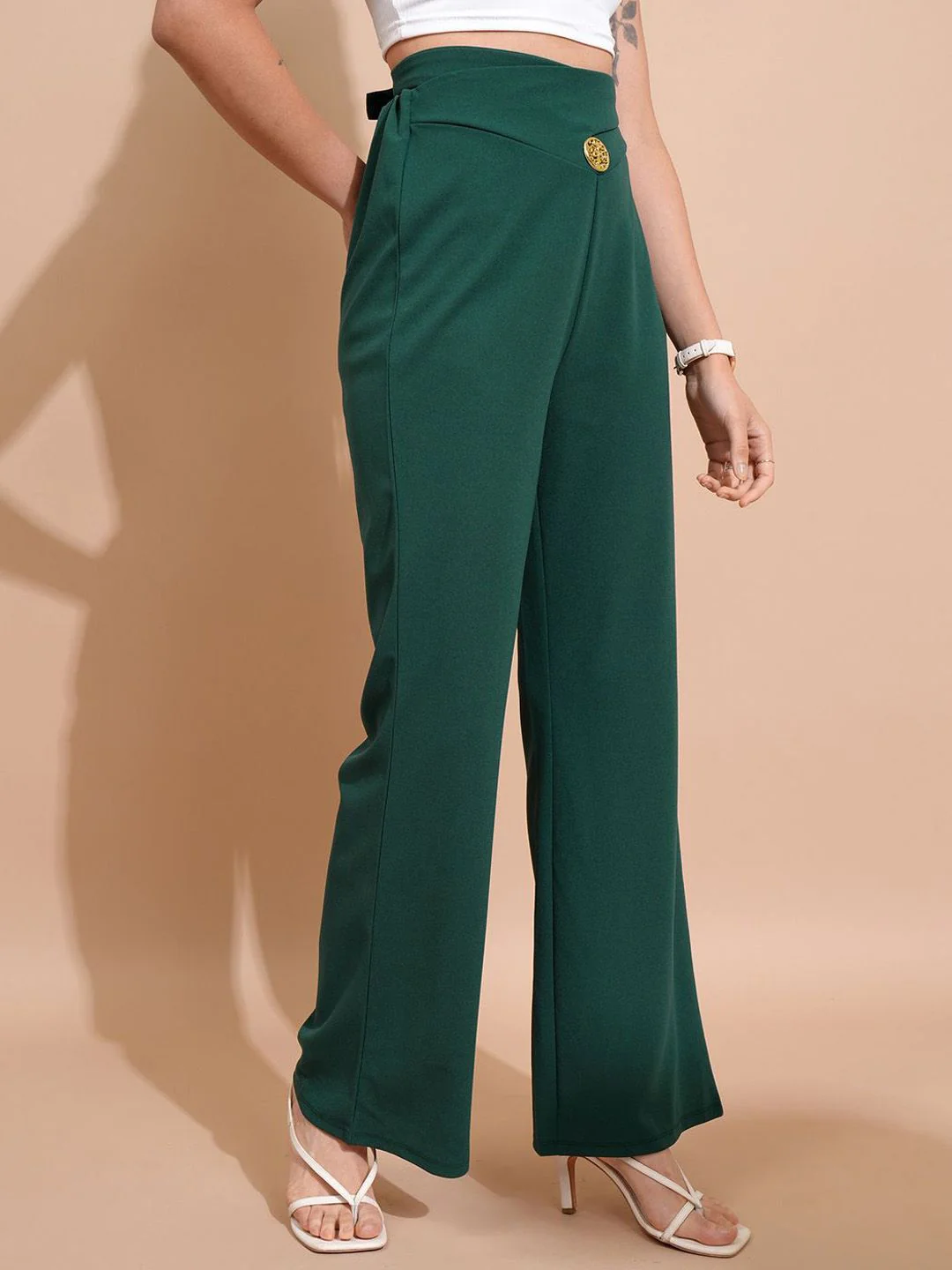 Tokyo Talkies Green Women Mid-Rise Relaxed Fit Trousers - Image 2