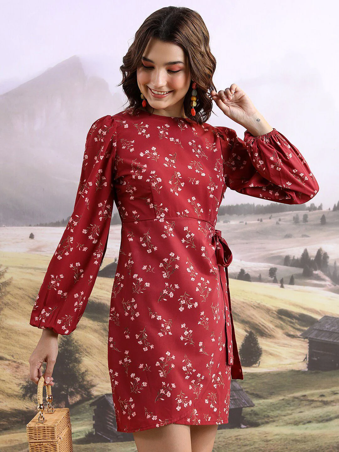 Tokyo Talkies Maroon & White Floral Printed Puff Sleeve Sheath Dress - Image 3