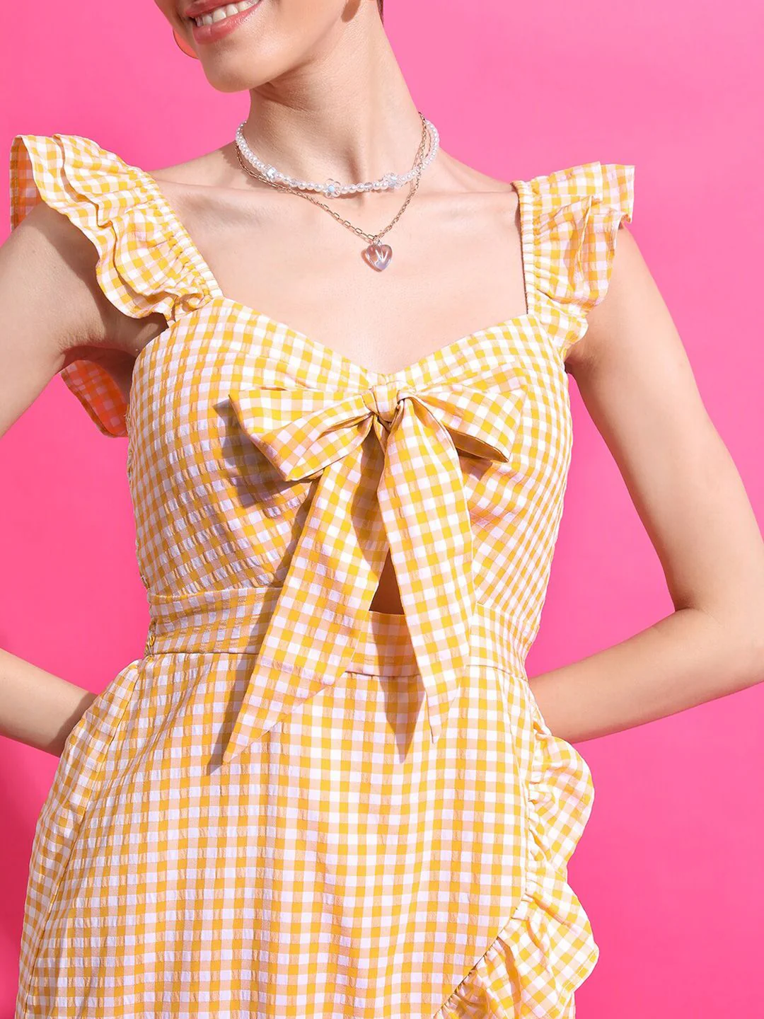 Tokyo Talkies Mustard Checked Cut-Out Smocked Bow Fit & Flare Dress - Image 2
