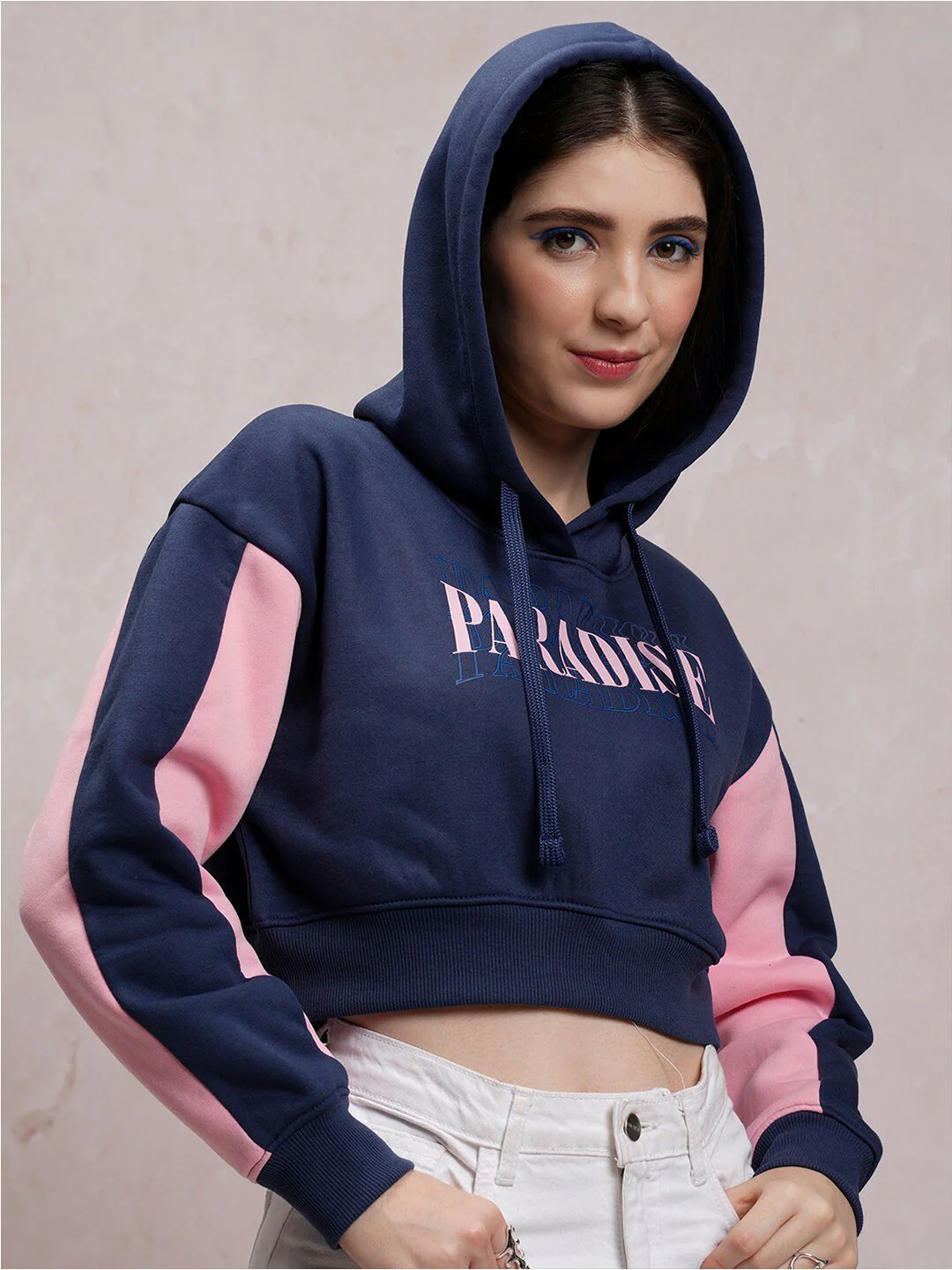 Tokyo Talkies Navy Blue Typography Printed Hooded Pullover - Image 3