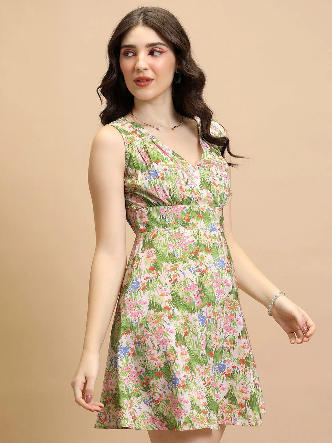 Tokyo Talkies Pink & Green Floral Printed A-Line Mini Dress - Image 3