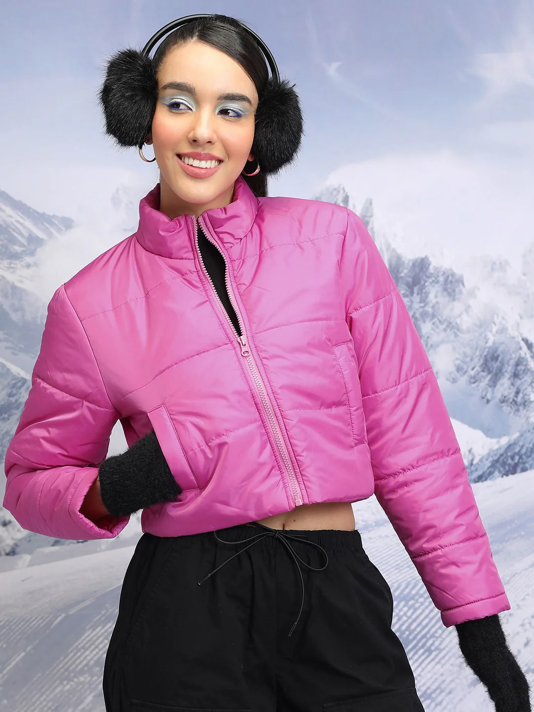 Tokyo Talkies Pink Mock Collar Crop Puffer Jacket