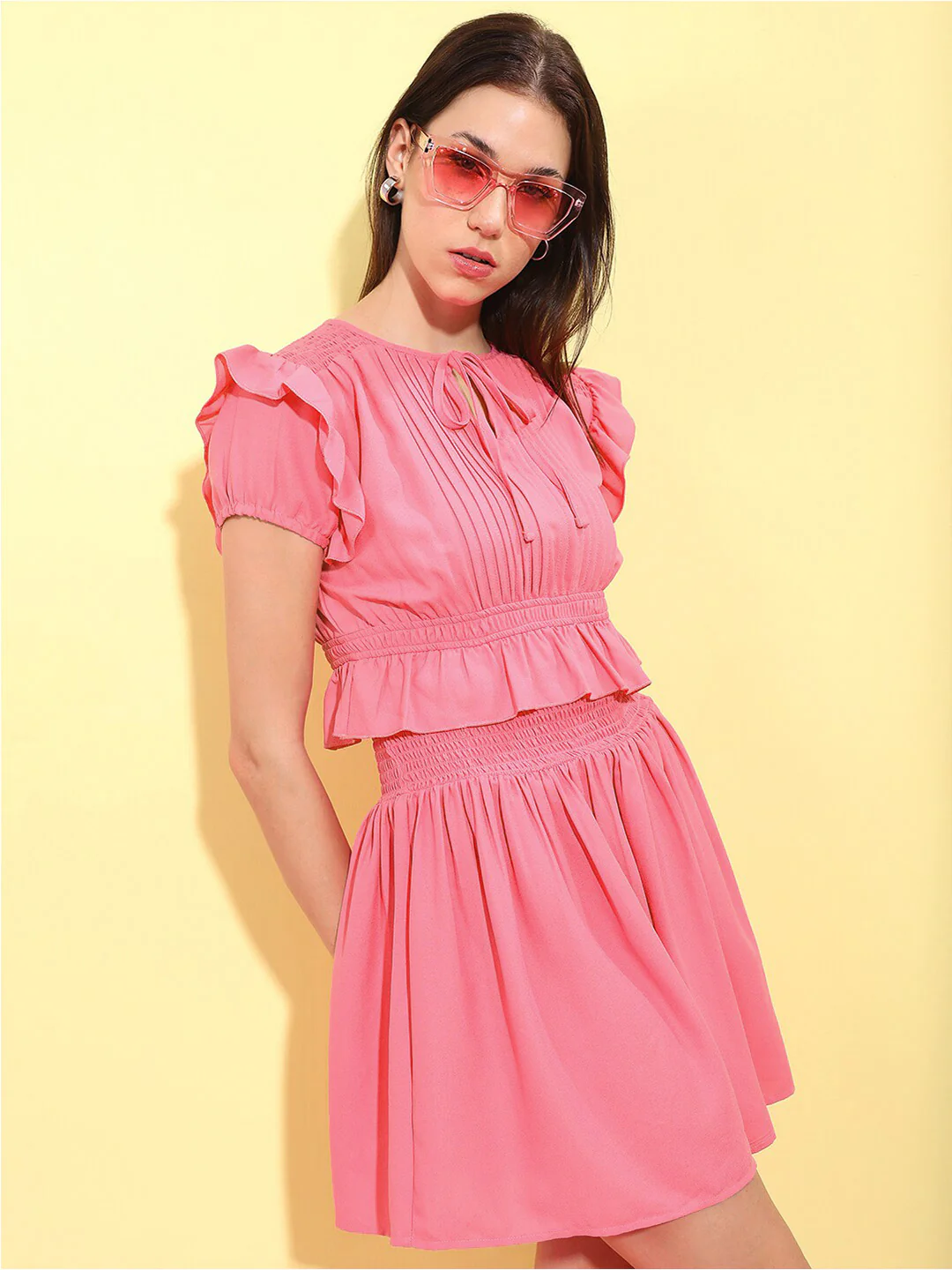Tokyo Talkies Pink Puff Sleeve Fit & Flare Dress - Image 3