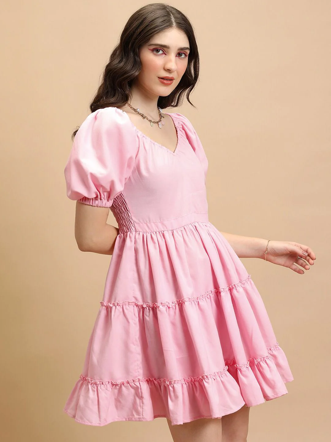 Tokyo Talkies Pink V-Neck Puff Sleeves Smocked Tiered Fit & Flare Dress - Image 3