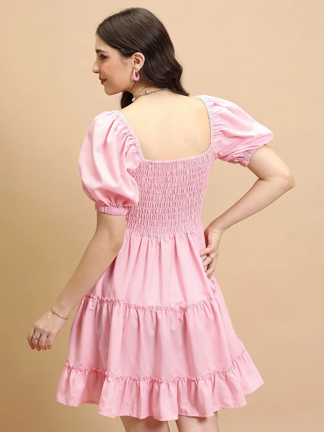 Tokyo Talkies Pink V-Neck Puff Sleeves Smocked Tiered Fit & Flare Dress - Image 4
