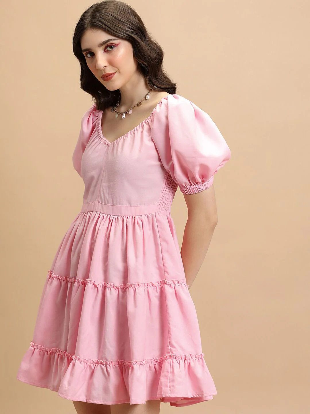 Tokyo Talkies Pink V-Neck Puff Sleeves Smocked Tiered Fit & Flare Dress - Image 5
