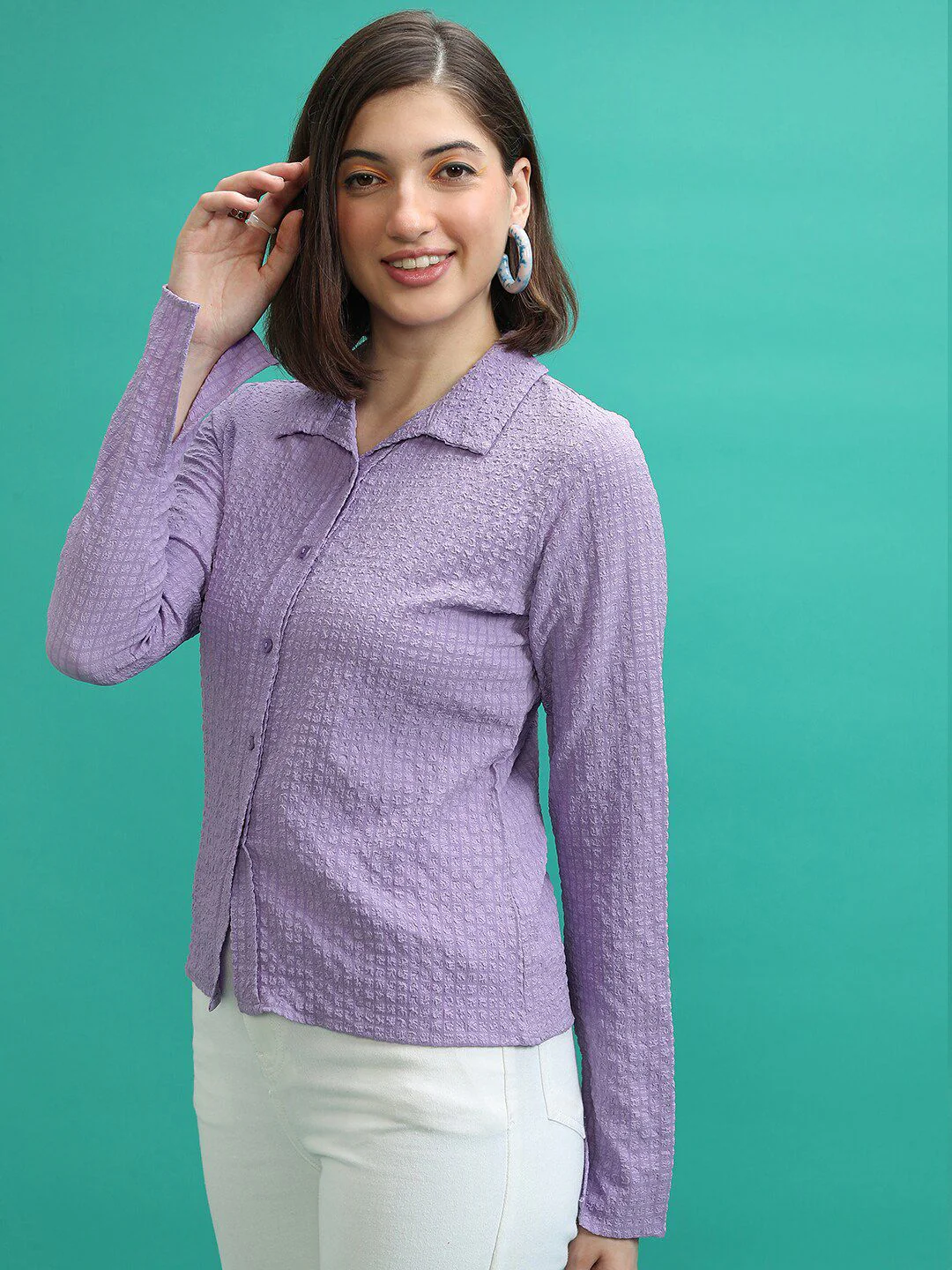 Tokyo Talkies Purple Self Design Casual Shirt - Image 5