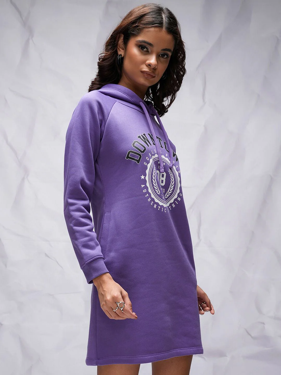 Tokyo Talkies Purple Typography Printed Hooded Relaxed Fit T-shirt Dress - Image 3