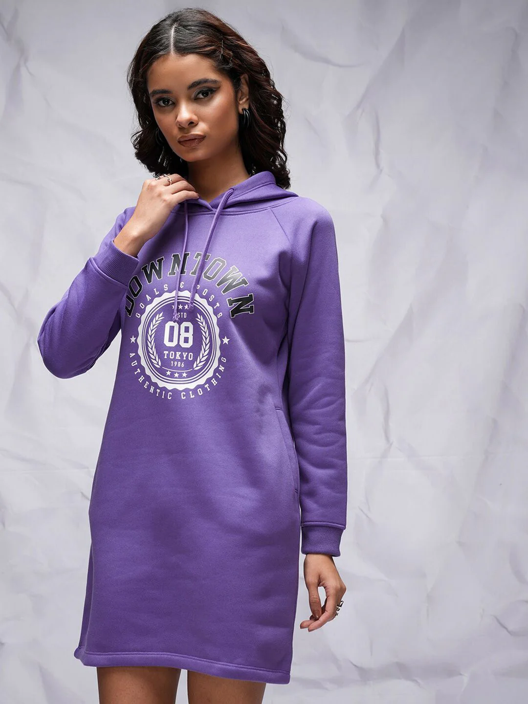 Tokyo Talkies Purple Typography Printed Hooded Relaxed Fit T-shirt Dress - Image 5