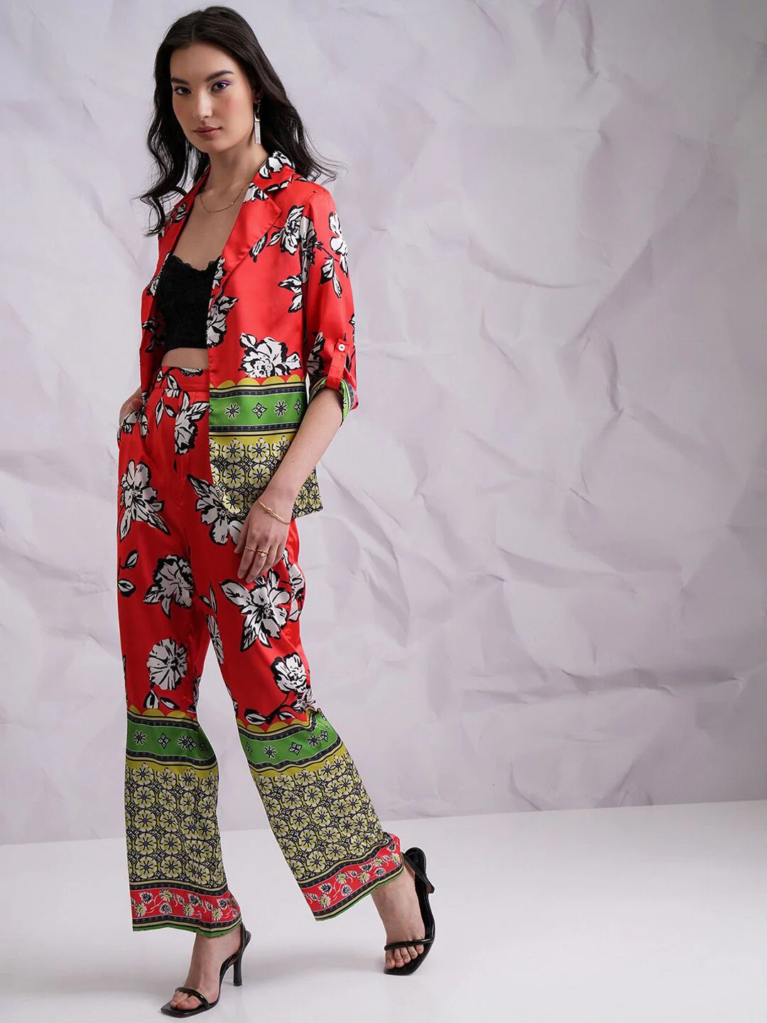 Tokyo Talkies Red Printed Lapel Collar Neck Blazer & Straight Trouser - Image 5