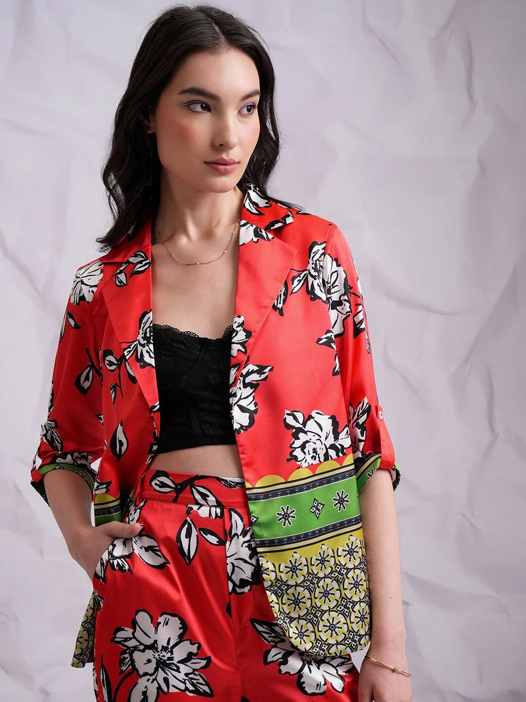 Tokyo Talkies Red Printed Lapel Collar Neck Blazer & Straight Trouser - Image 6