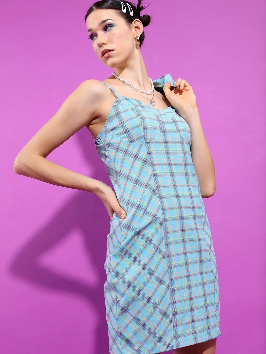 Tokyo Talkies Shoulder Straps Checked Sheath Mini Dress With Jacket - Image 3