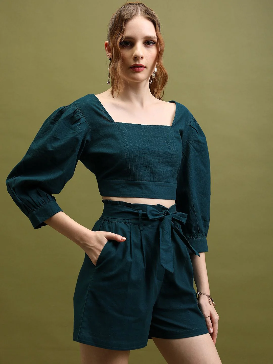 Tokyo Talkies Teal Pure Cotton Top With Short Co-Ords - Image 3