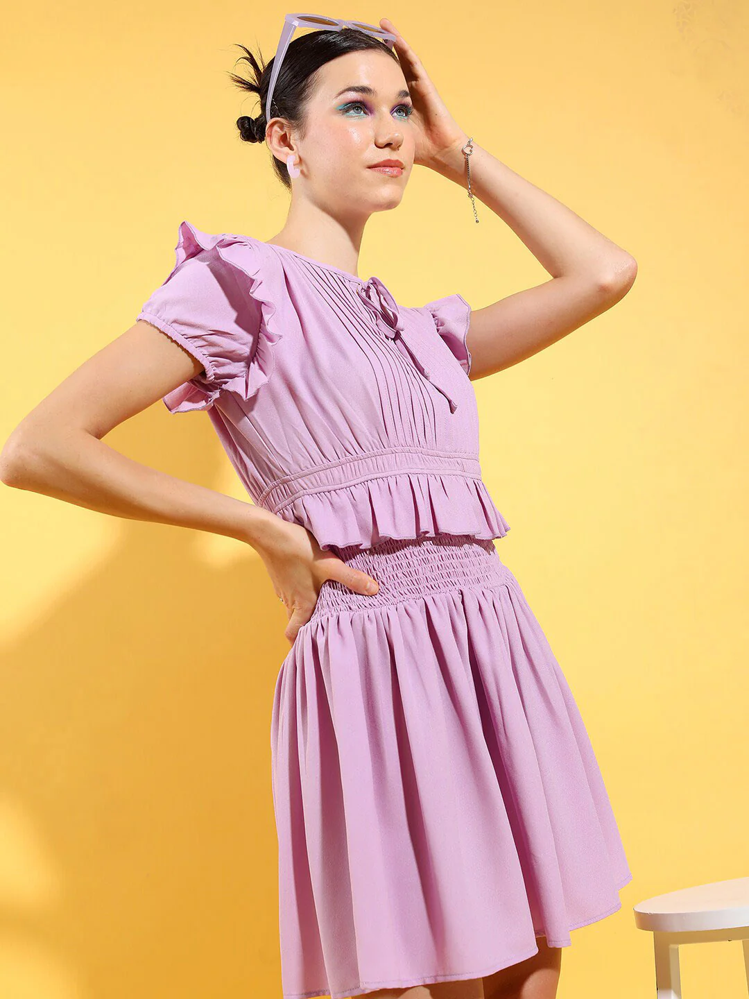Tokyo Talkies Tie Up Neck Smocked And Pleat Detail Fit & Flare Mini Dress - Image 3