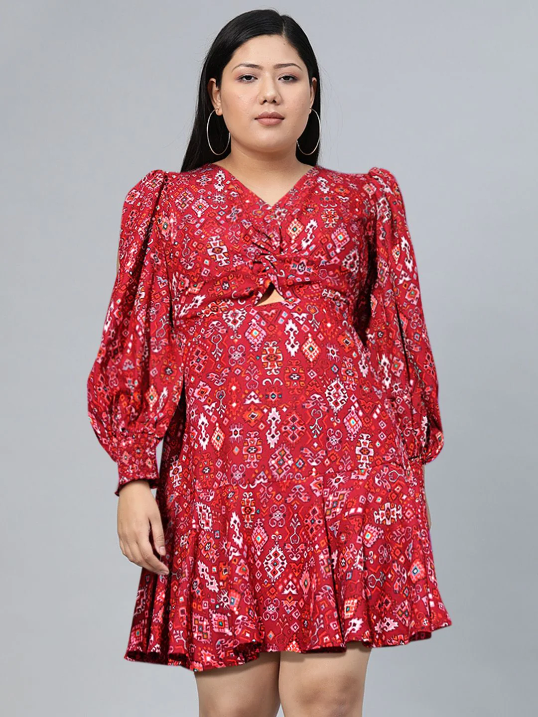 Tokyo Talkies V-Neck Ethnic Motifs Printed Cut Out Mini Fit & Flare Dress - Image 7