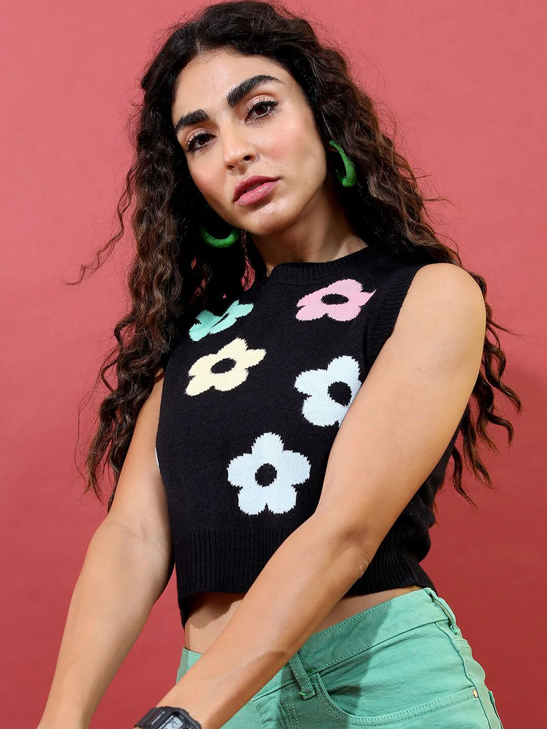 Tokyo Talkies Women Black & Green Jacquard Acrylic Crop Pullover