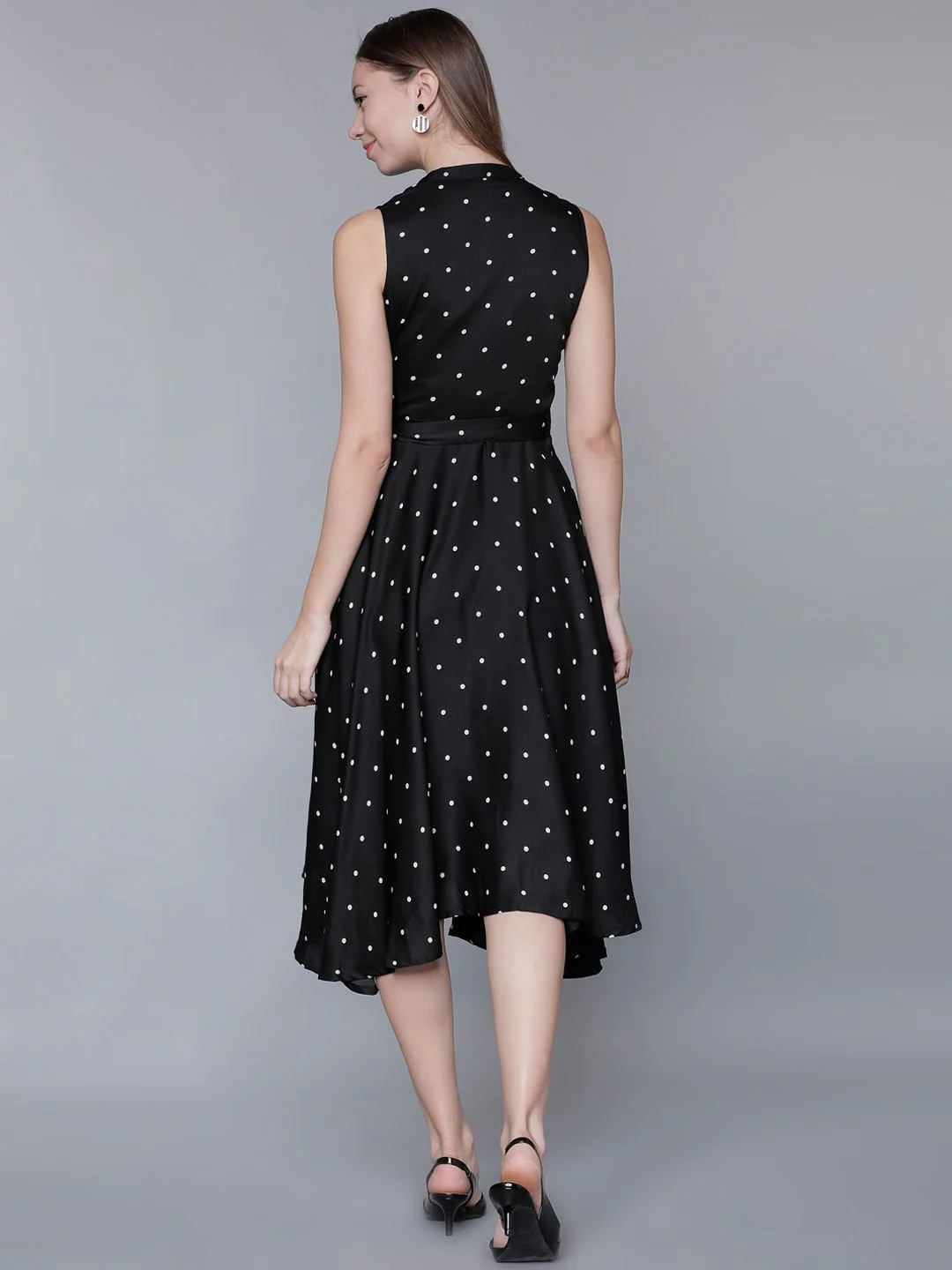 Tokyo Talkies Women Black Polka Dot Print Fit and Flare Dress - Image 5