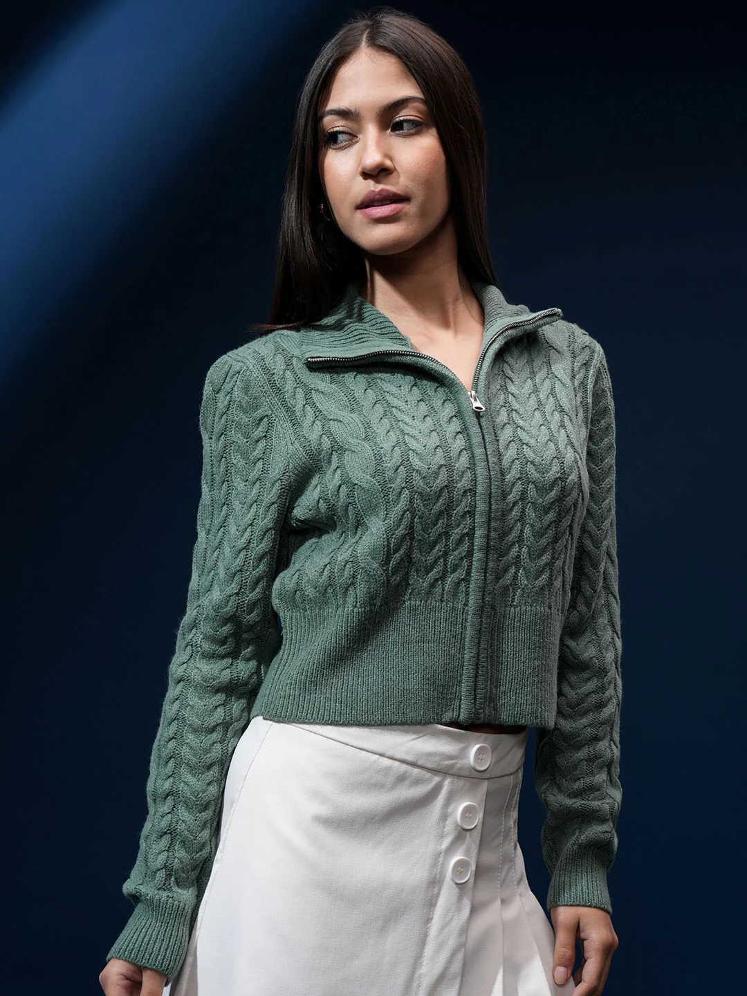 Tokyo Talkies Women Cable Knit Crop Cardigan - Image 3