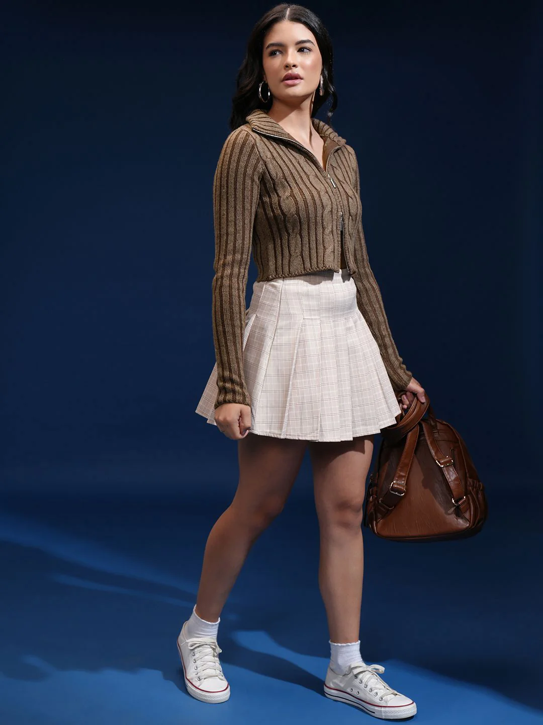 Tokyo Talkies Women Cable Knit Crop Cardigan with Zip Detail - Image 2