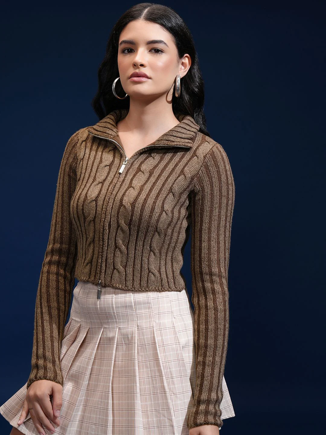 Tokyo Talkies Women Cable Knit Crop Cardigan with Zip Detail - Image 4