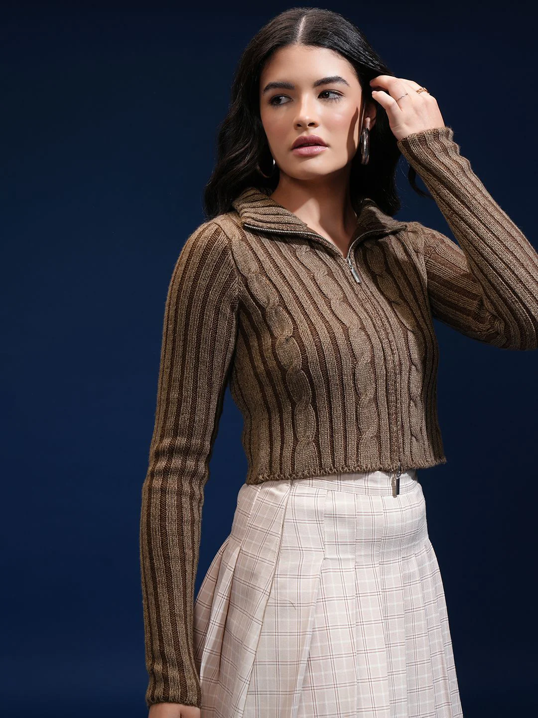 Tokyo Talkies Women Cable Knit Crop Cardigan with Zip Detail - Image 5