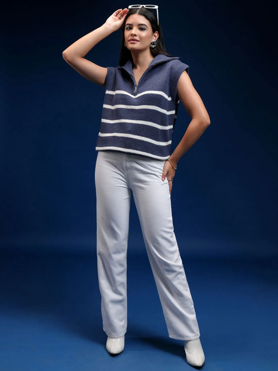 Tokyo Talkies Women Cable Knit Striped Sleeveless Pullover - Image 2