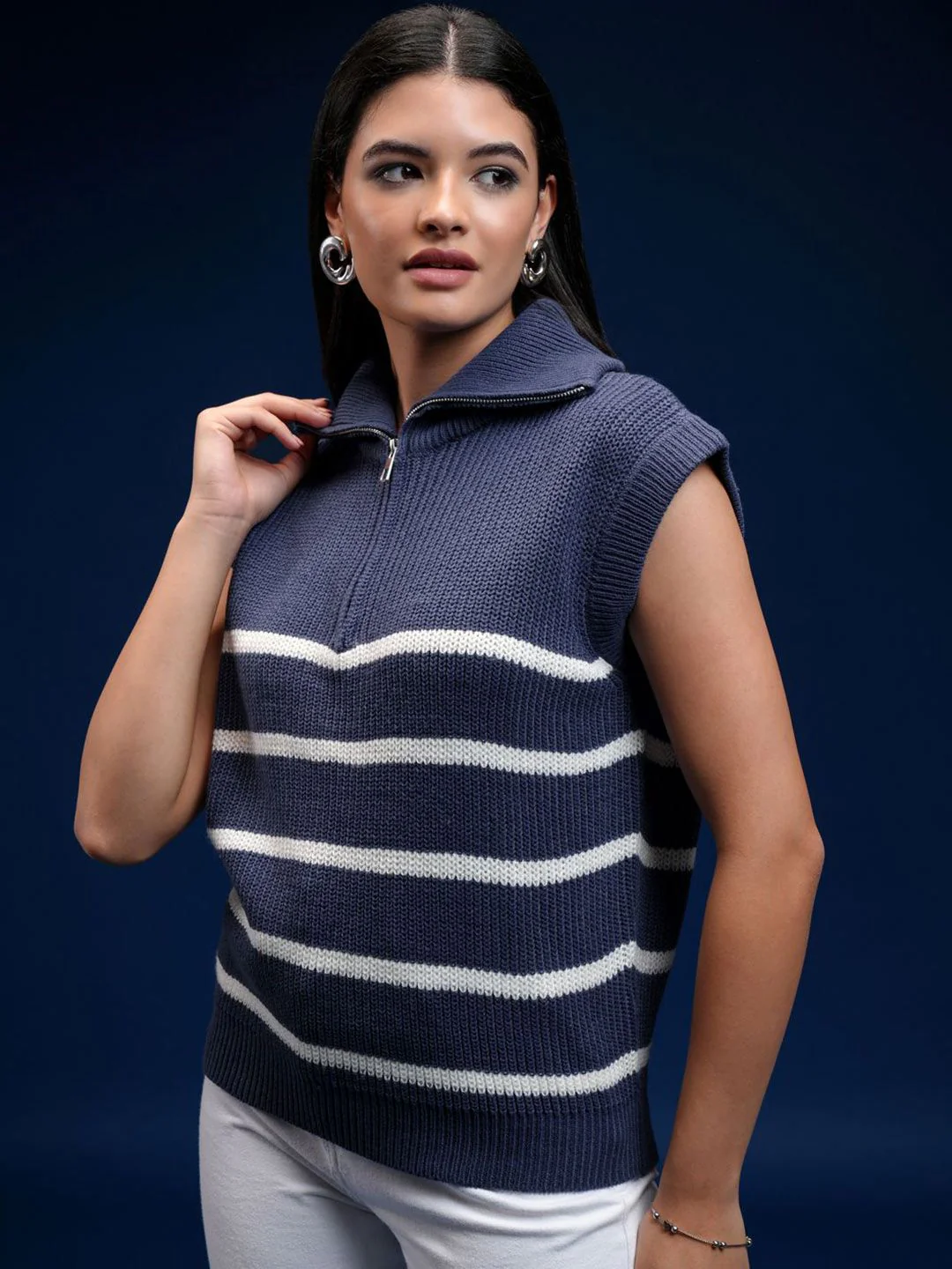 Tokyo Talkies Women Cable Knit Striped Sleeveless Pullover - Image 4