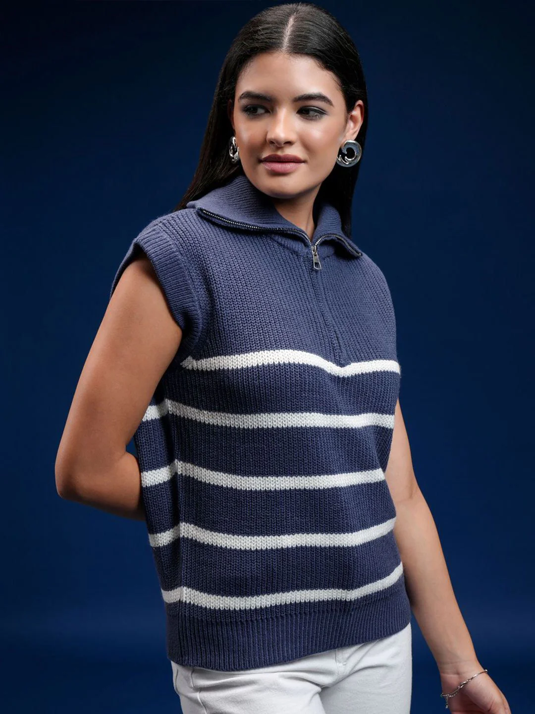 Tokyo Talkies Women Cable Knit Striped Sleeveless Pullover - Image 5